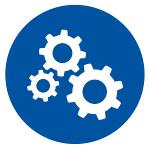 three cogs in blue circle